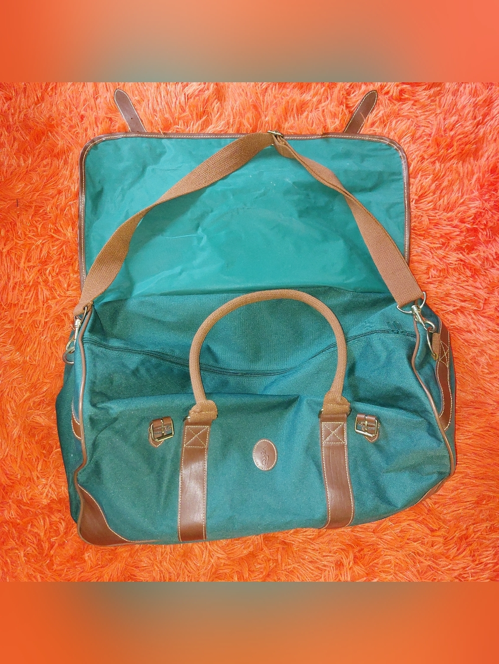 Green Vintage Ralph Lauren Polo Travel Duffel Bag with Brown Accents